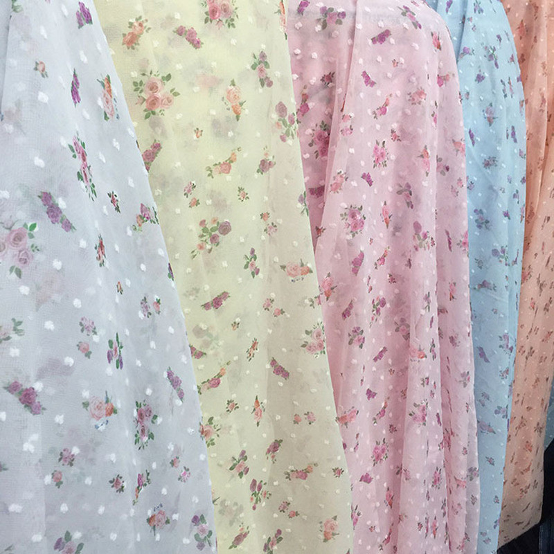 Chiffon Floral Fabric Dress Curtain Trim Flower Printed Polka Dot Sheer DIY Soft