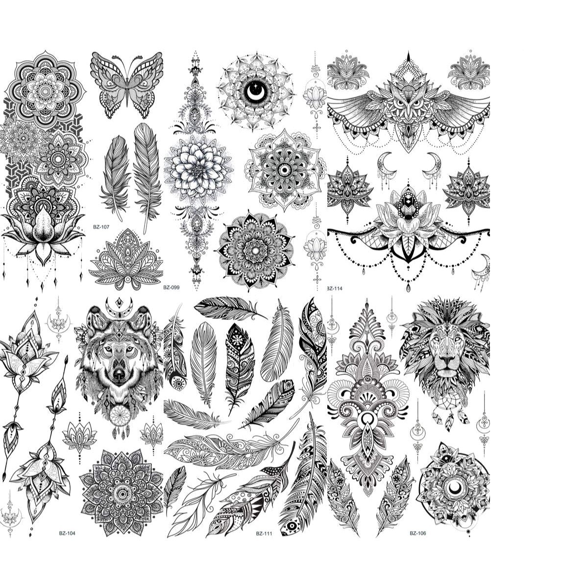 Long-Lasting Black Henna Temporary Tattoo Stickers - 6 Elegant Designs for Women