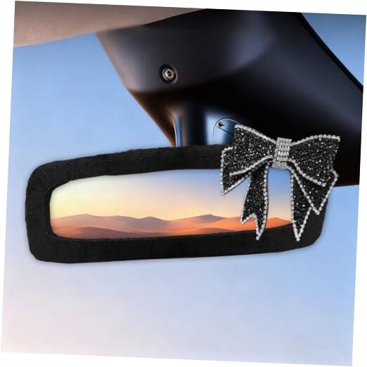Bling Bow Car Rearview Mirror Cover, Plush Rhinestone Auto Rear View Diamand
