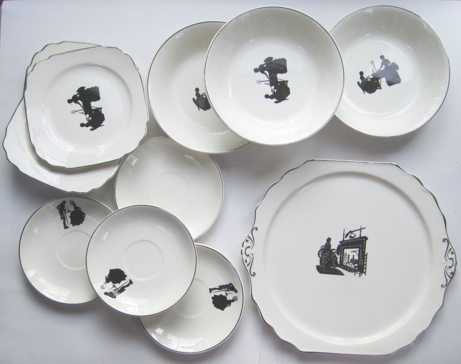 Set of 11 Bakerite Vintage White Dishes Black Silhouette + 12" Platter Ceramic