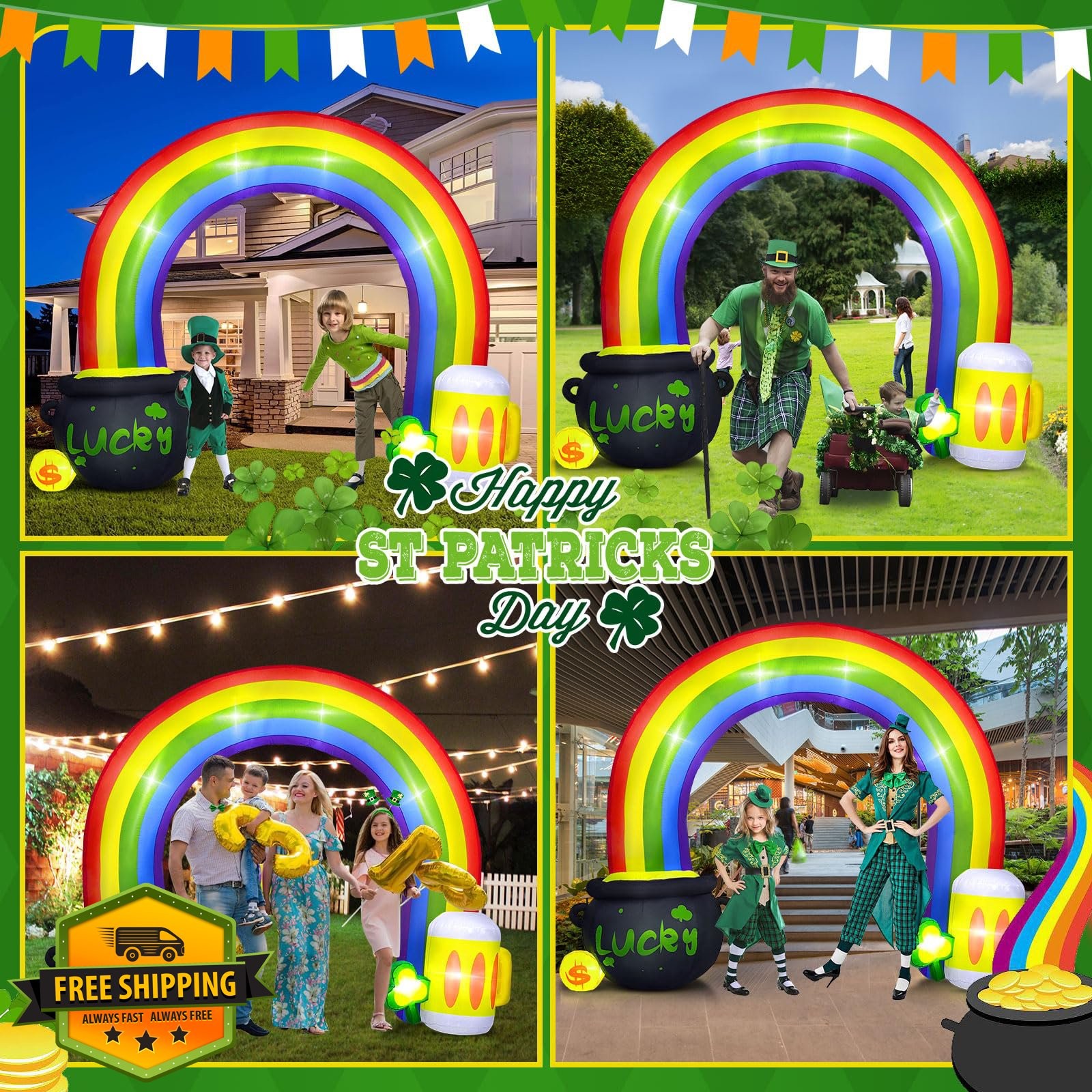 10FT St Patricks Day Inflatable Rainbow Arch Pot Beer Blow Up Yard LED