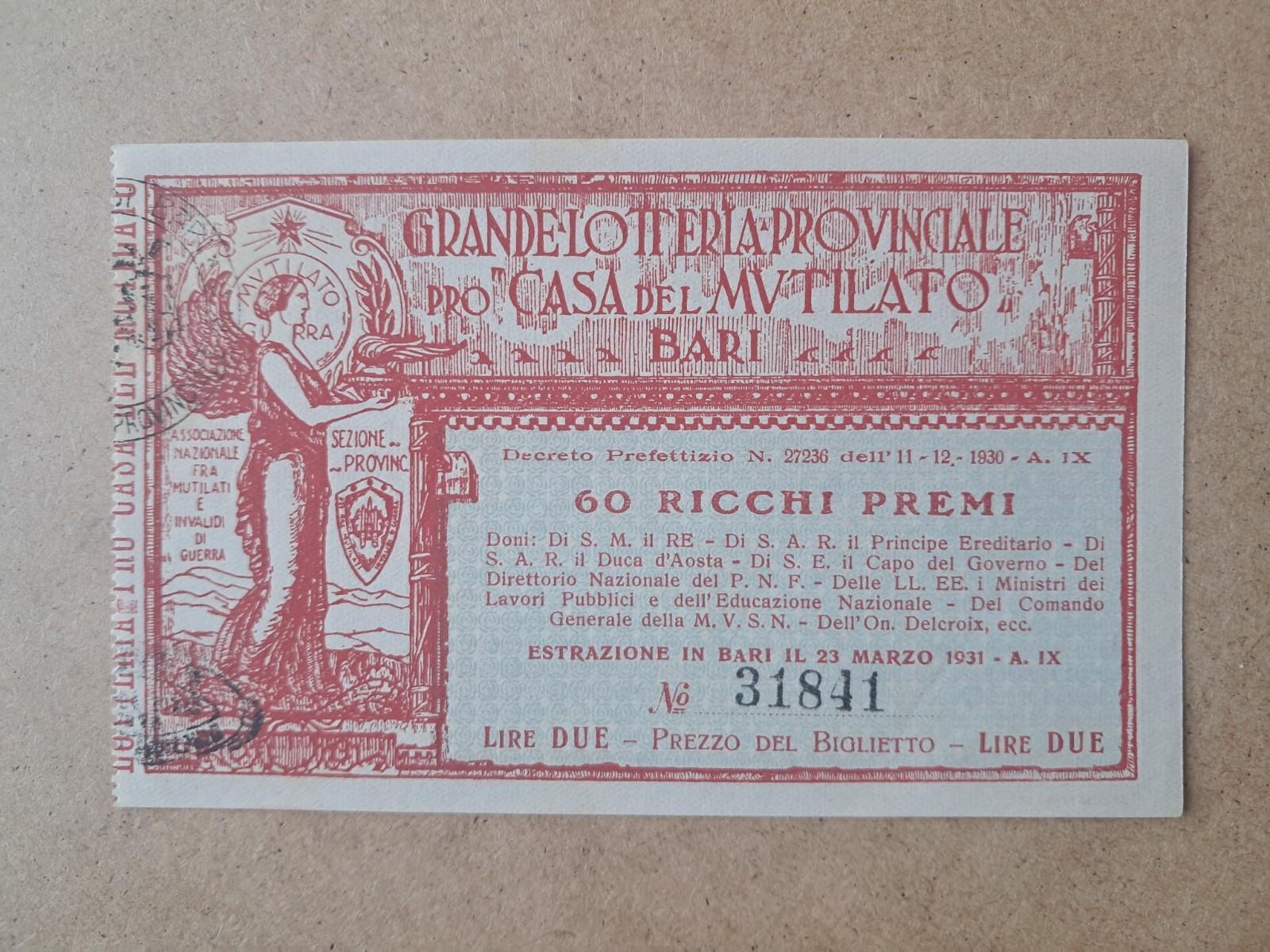 Grand Provincial Lottery Ticket pro Casa del Mutilato Bari - 1930