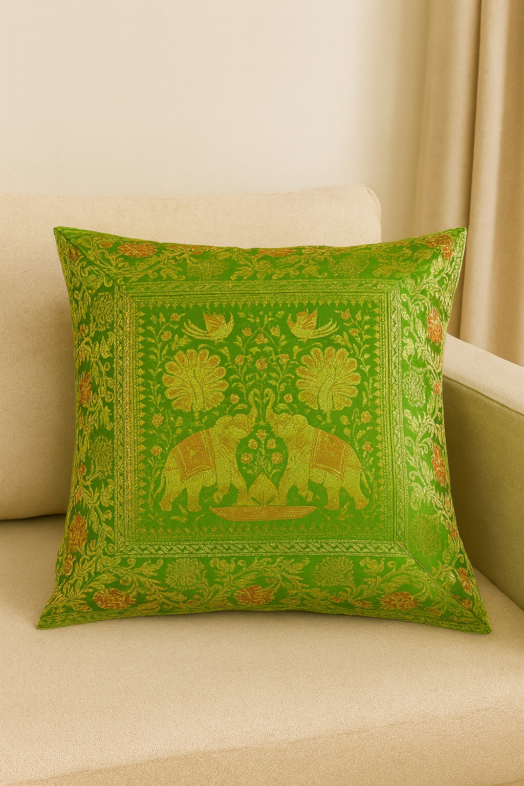 Pillow Covers Set of 4, Green Brocade Golden Elephant & Peacock Ethnic Sofa Deco
