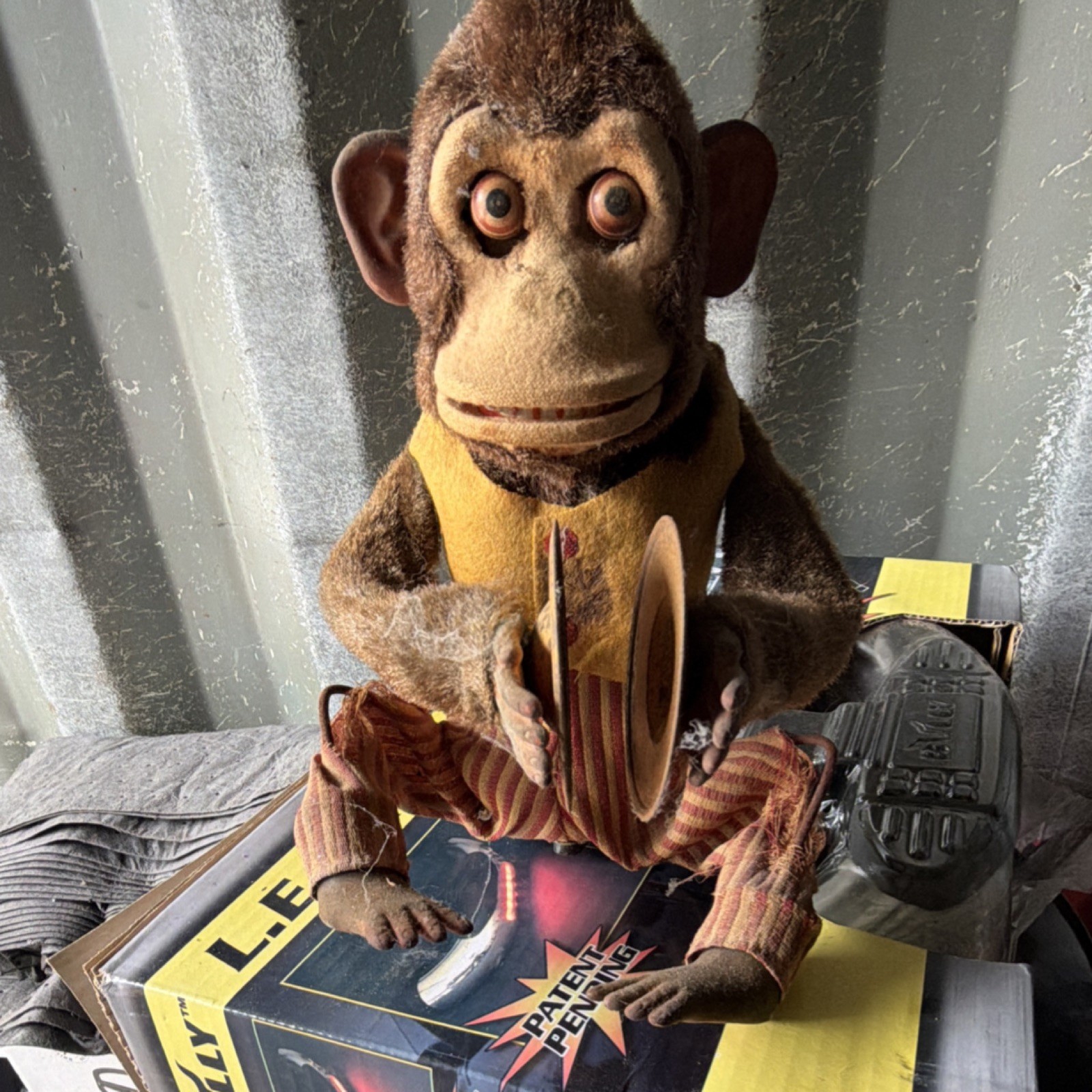 Vintage Battery Operated Monkey Toy with Cymbals, Fabric & Metal, Animal Theme