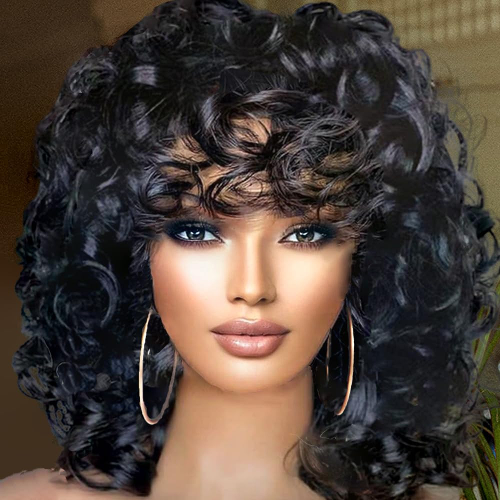 Short Curly Wigs for Black Women Afro Big Curly Wig with Bangs Black Soft Bouncy