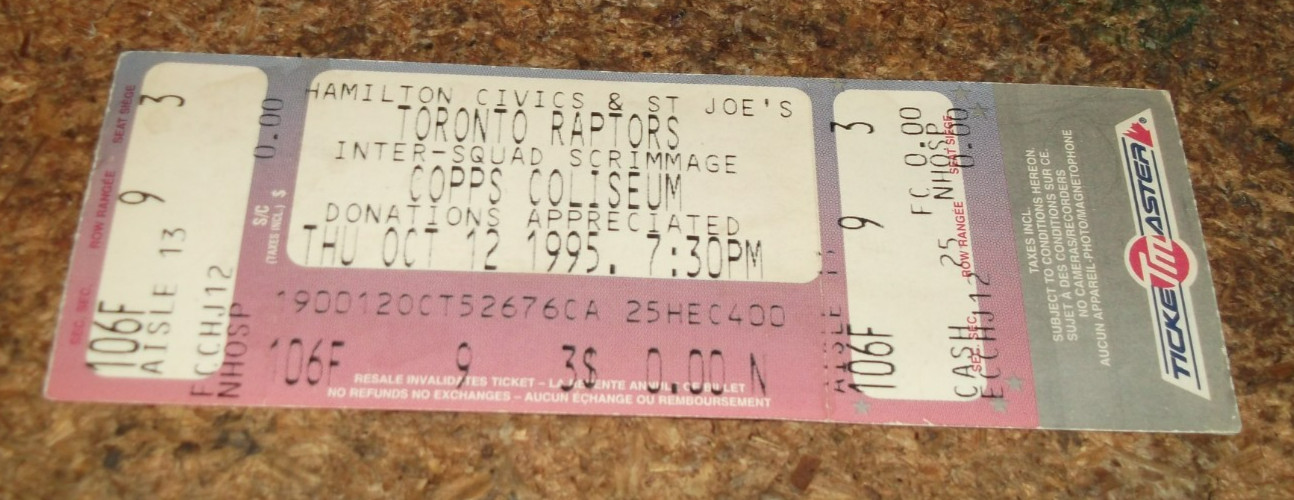 OCT. 12, 1995  TORONTO RAPTORS TICKET-NBA EXPANSION INTO CANADA-COPPS COLISEUM