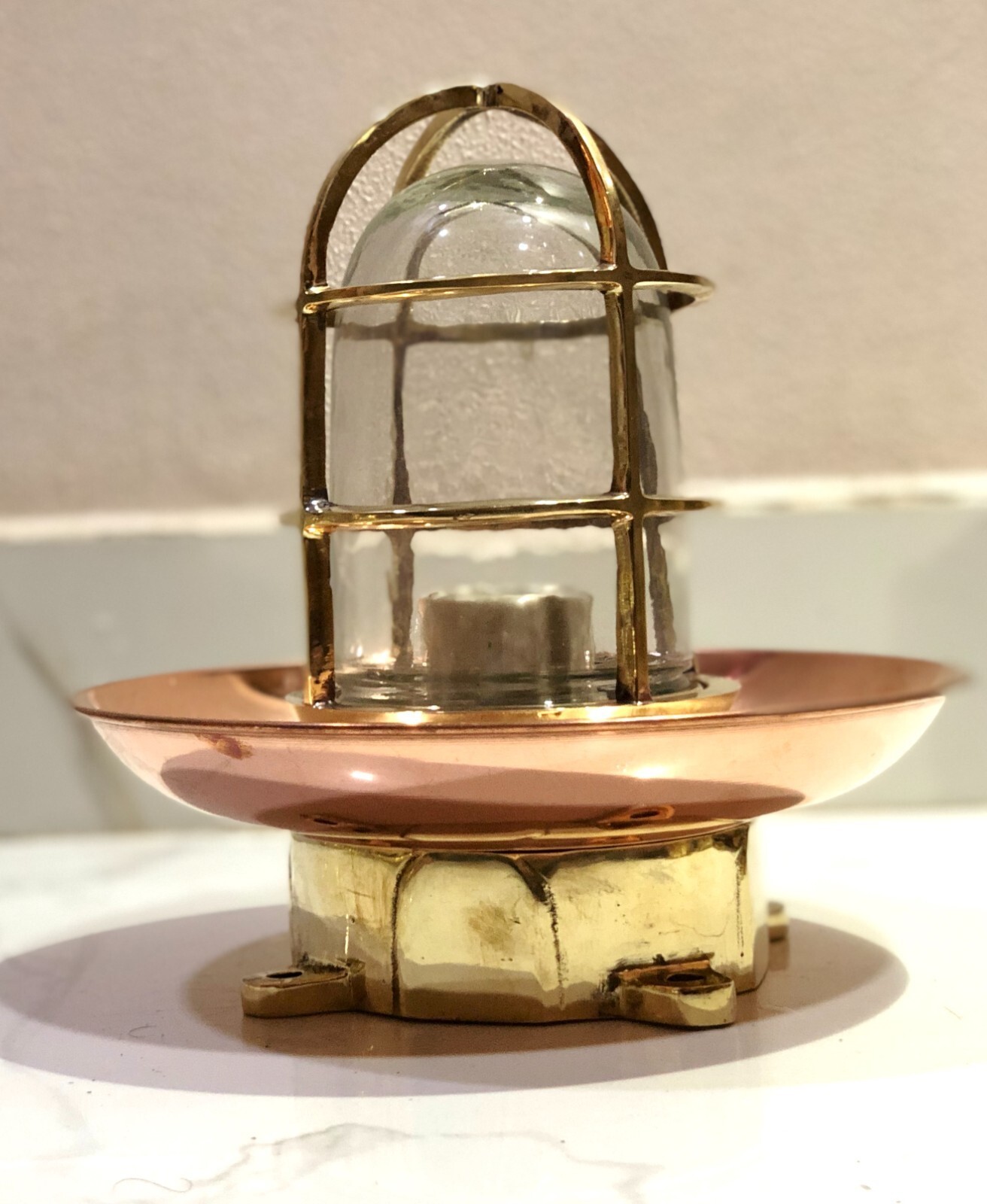 Set of 10 Vintage Brass Bulkhead Ceiling Lamp - Nautical Light With Copper Shade