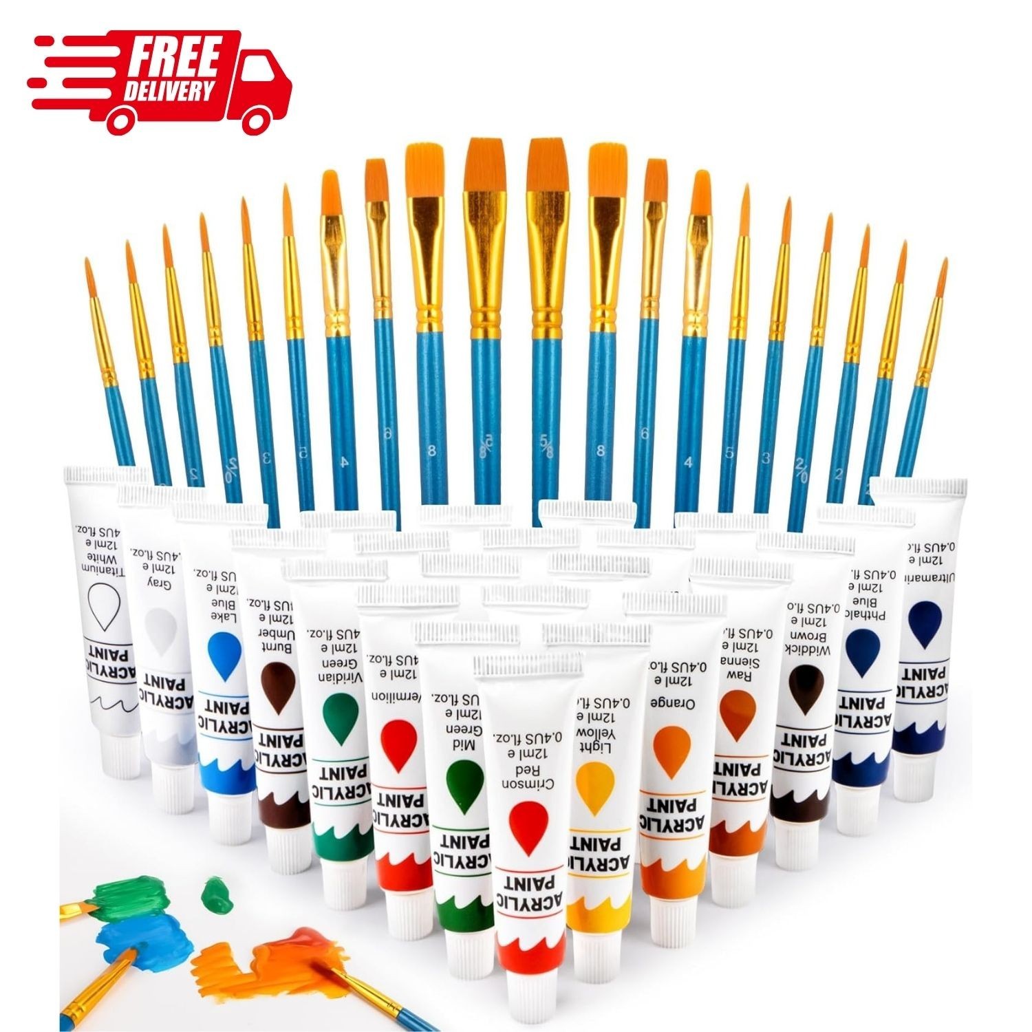 24 Colors Acrylic Paint Set 12ml Tubes w/ 20 Brushes Art Craft Paint Kit Canvas