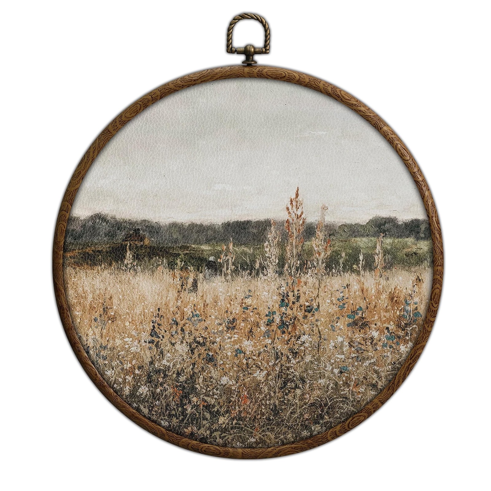 QKX Round Wall Decoration, Vintage Floral Field Landscape Wall Art, Printed C...