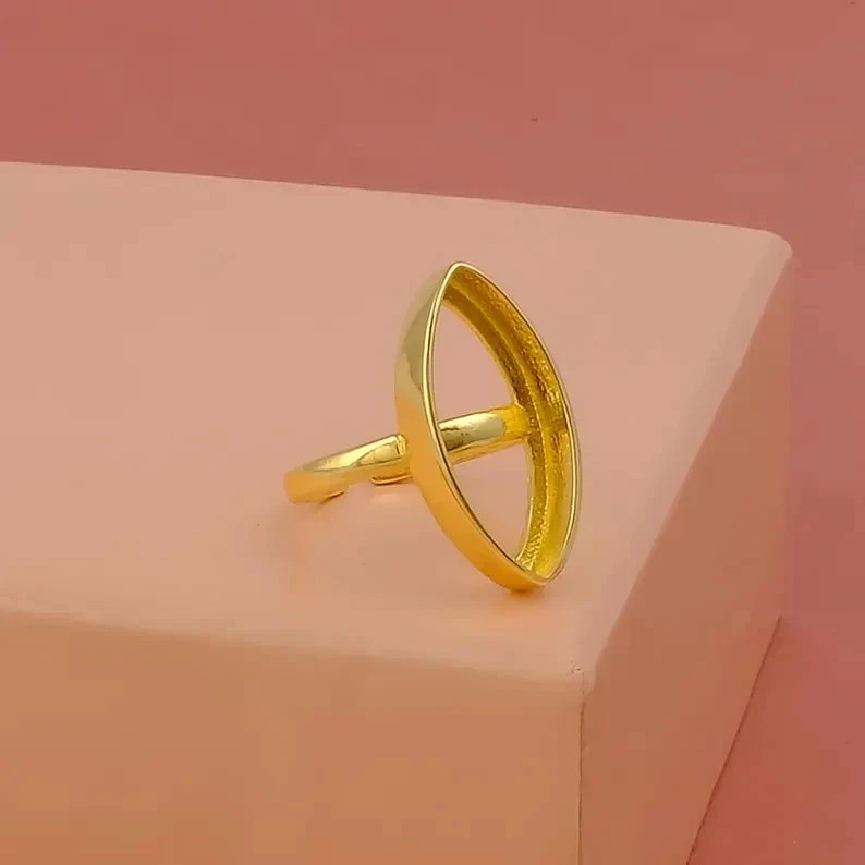 10x20mm Marquise Stone Bezel Cup 18K Yellow Gold Over Mount Ring For Women's