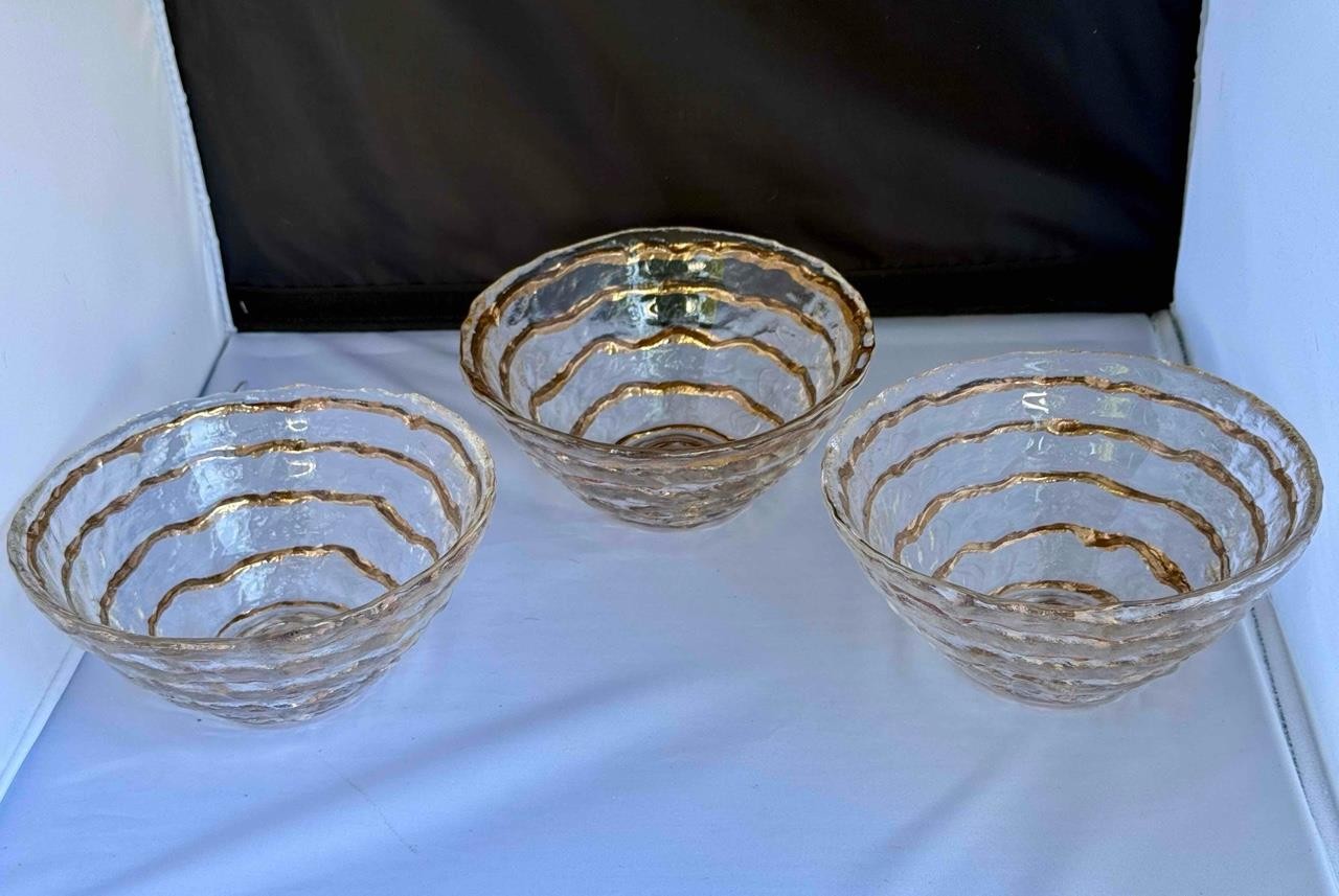 Set of 3 Italian Glacier Ice  6" Glass Bowls IVV Hand Decorated 10K Gold Spiral