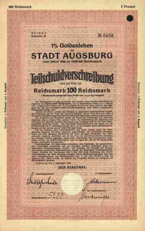 Augsburg gold loan 1926 Swabia Neuburg Ackermann 100 Reichsmark coat of arms