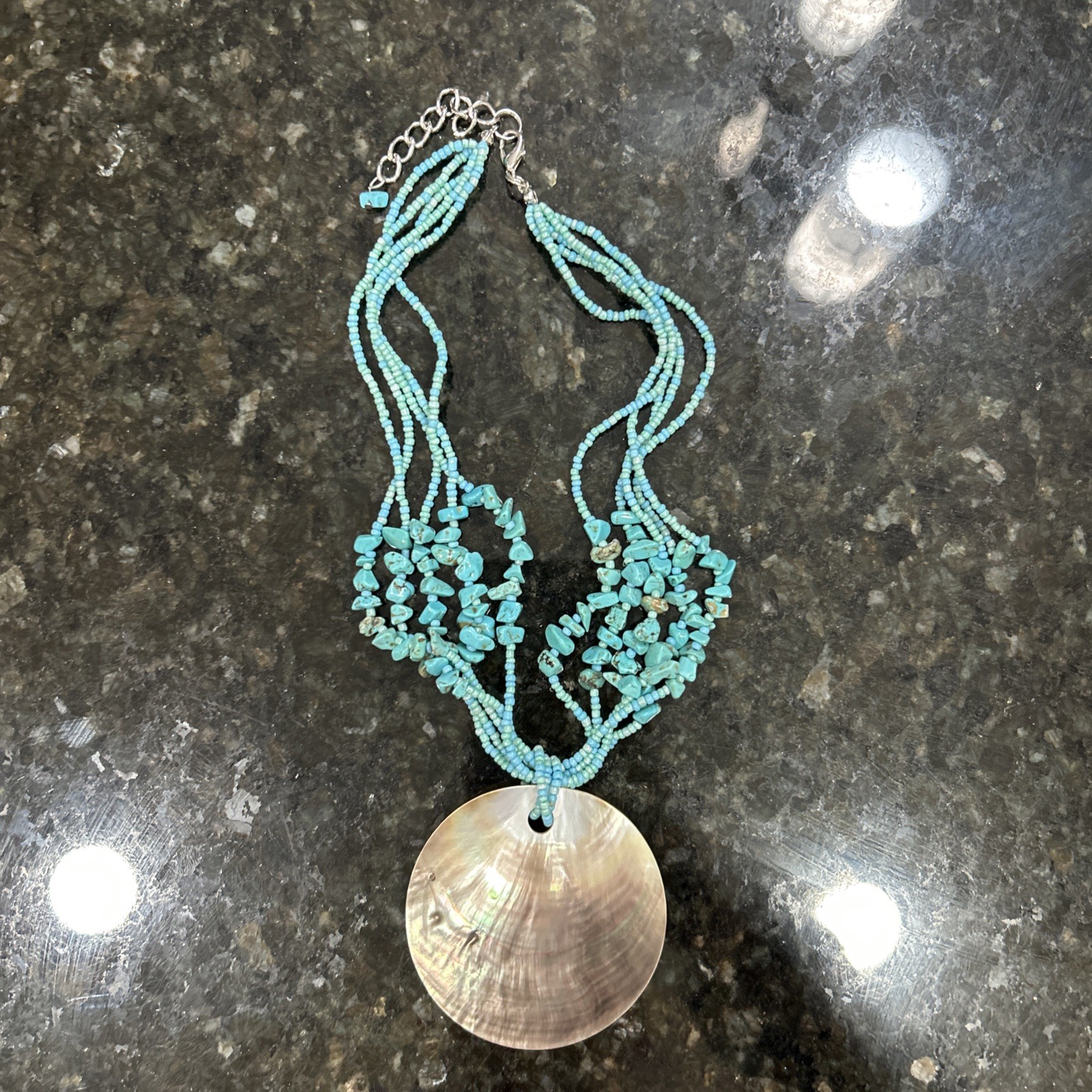 Gorgeous Southwestern Multi-Strand Turquoise Chip Necklace With Shell Pendant