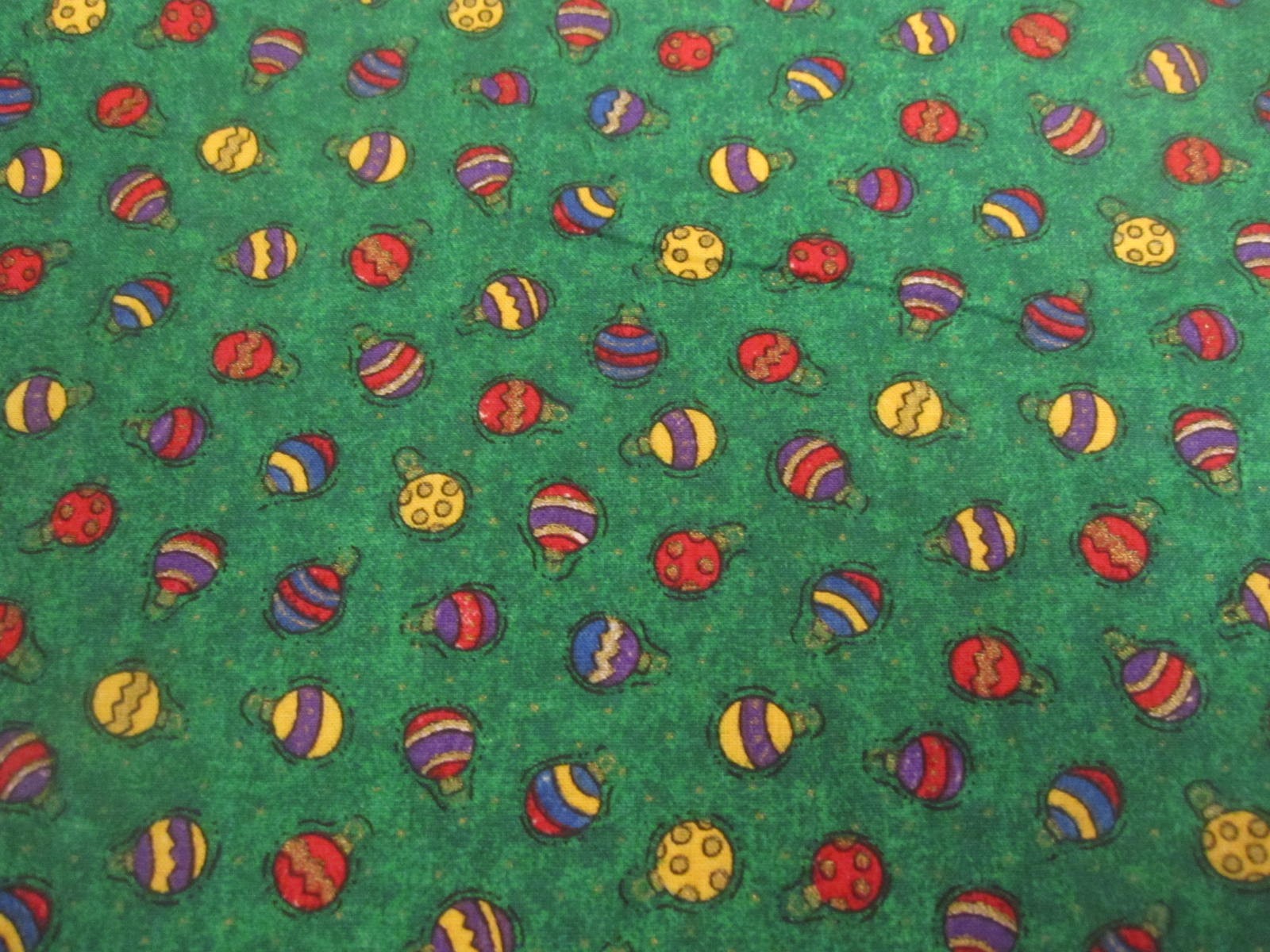 Cotton Fabric Christmas Ornament Multicolored Tossed on Green 1yd 24" x 44