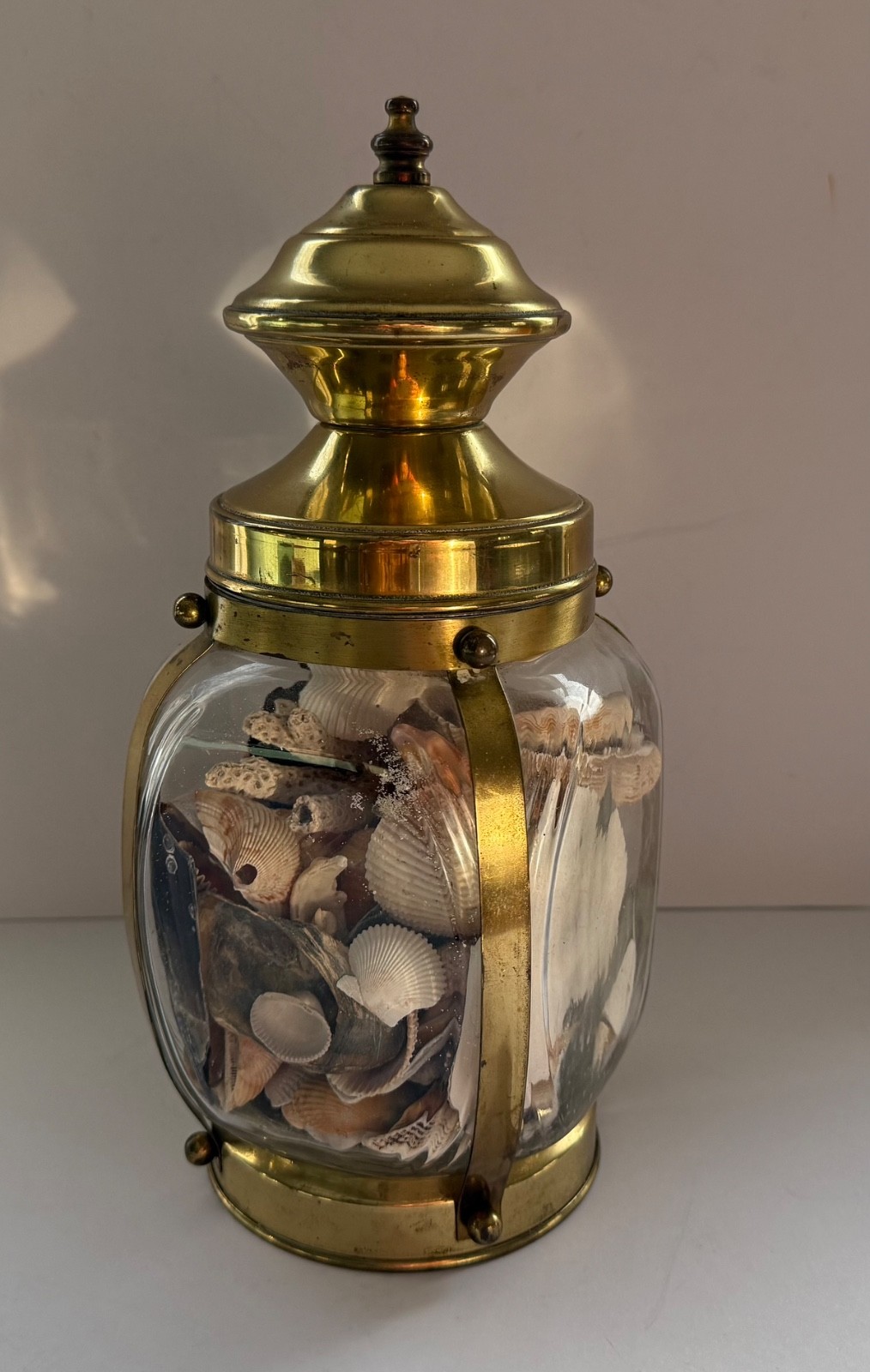 Large Glass & Brass lantern filled with seashells BEACH decor Nautical 