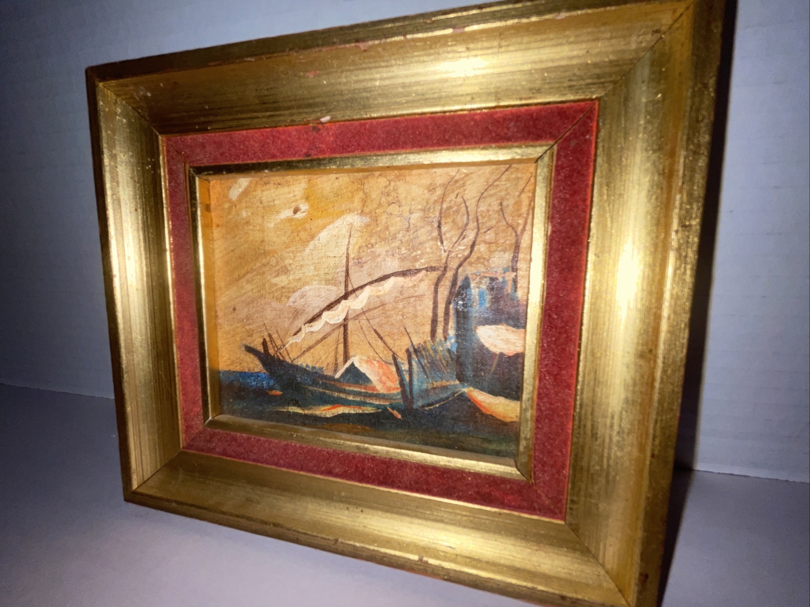 Seascape Sailboat Painting Gold Gilt Frame Mini Original Art Vintage 6.5x6”