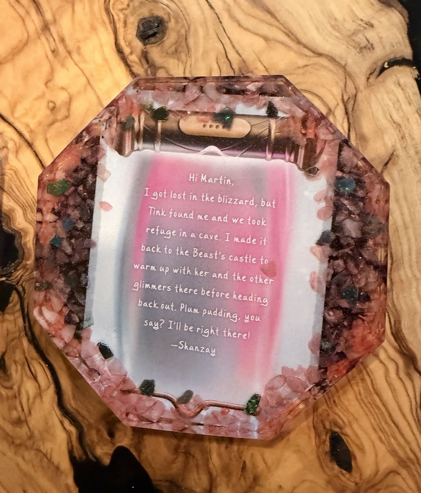 Lorcana Winterspell lore Resin Octagon  coasters with rose quartz opal pieces 