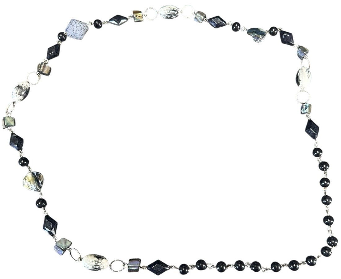 Vintage  Statement Beaded Necklace Mixed Shapes Black Gray White Glass Shell.