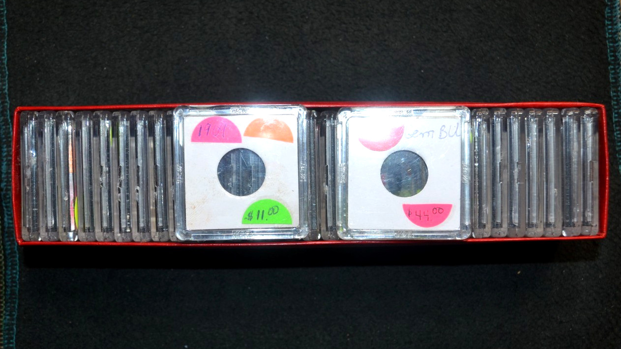 30 PLASTIC 2x2 BCW/Snap-Tite PENNY-SIZE holders in a used 2 X 2 X 9.5 box