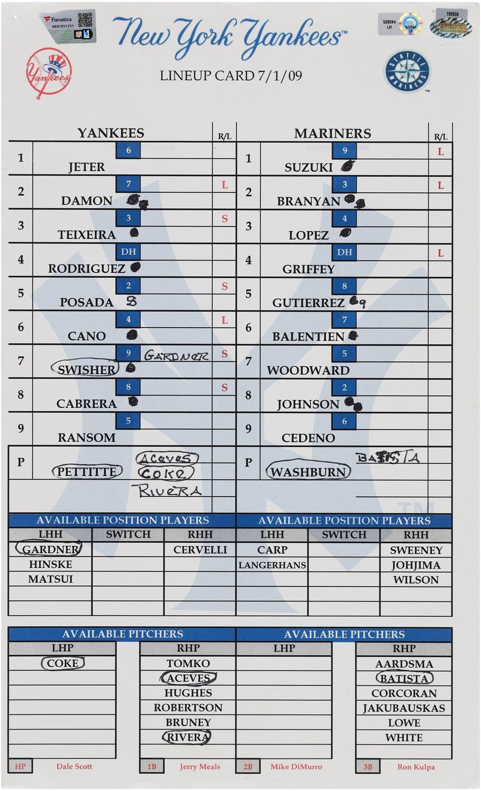New York Yankees Game-Used Lineup Card vs. Seattle Mariners on July 1, 2009