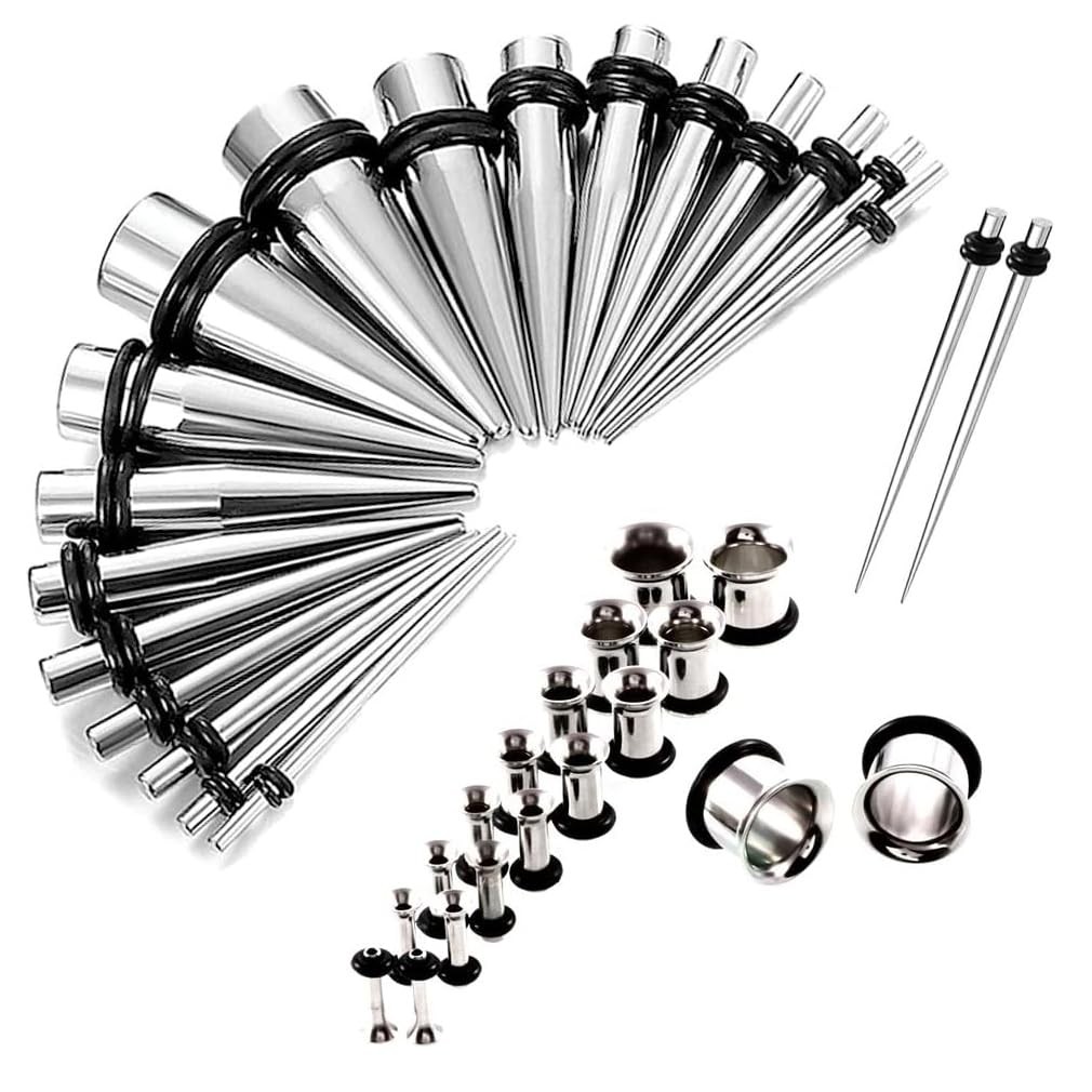 16G-00G Surgical Steel Ear Stretching Kit 38Pcs Ear Plugs Tunnels and Taper S...