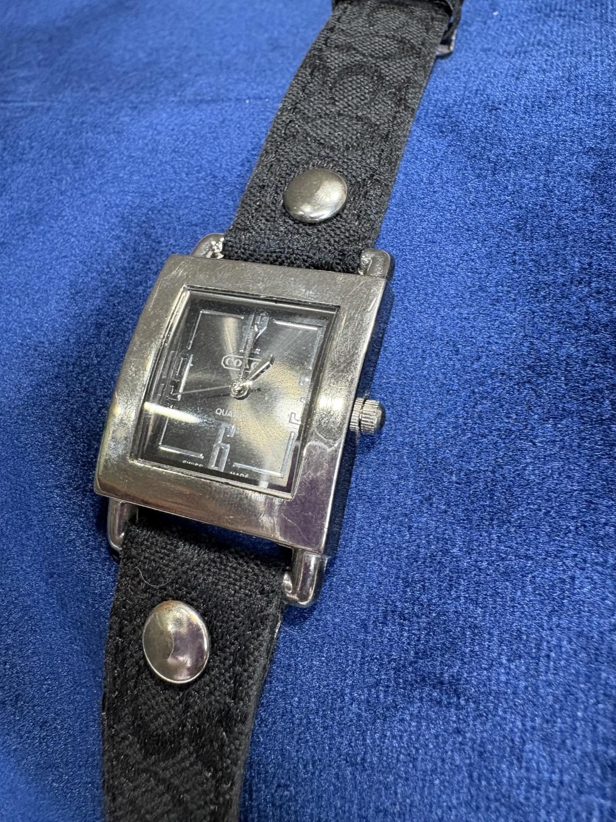 COACH Women's 0221 Rectangle Stainless Steel Black Leather Casual Watch