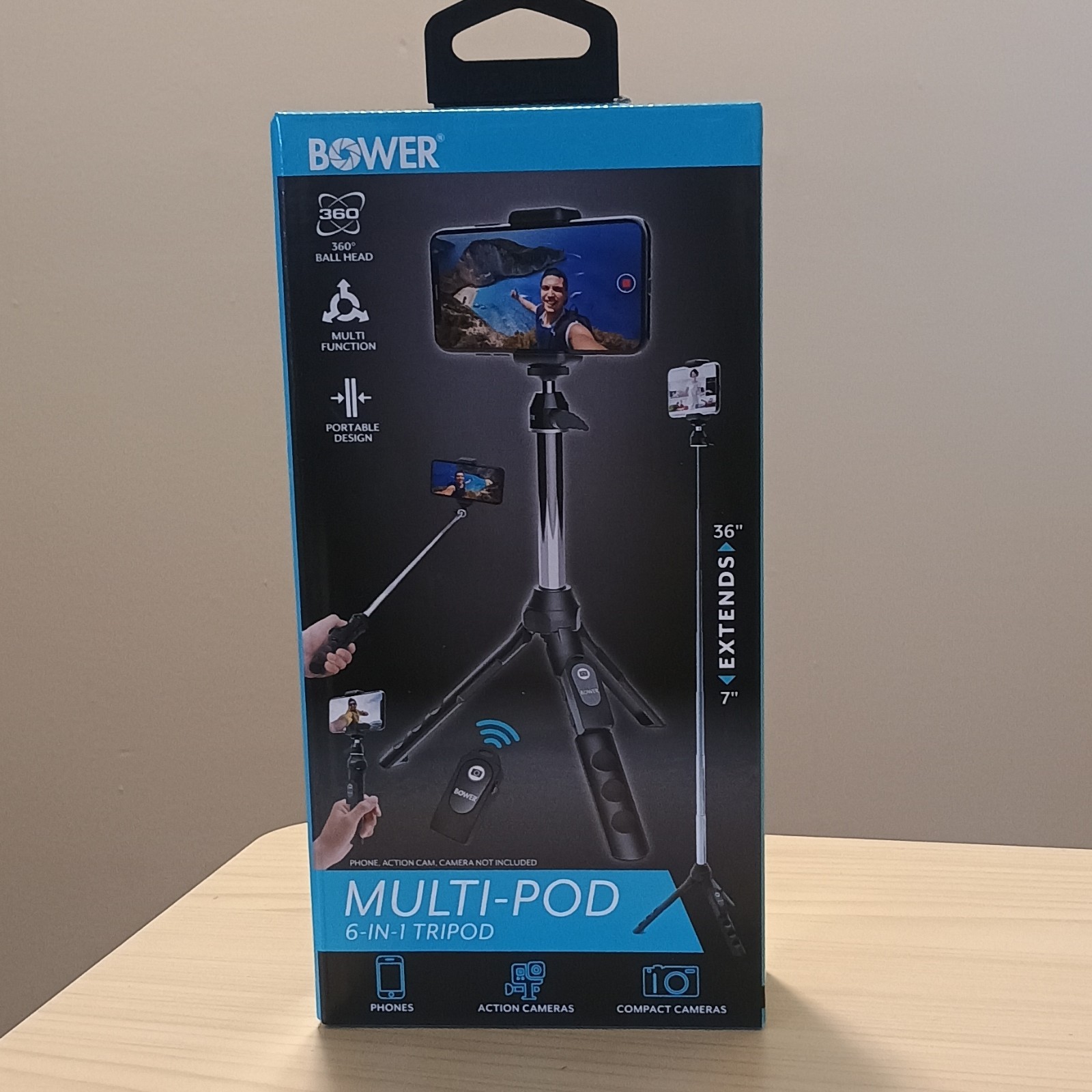 Bower Multi-Pod 6-in-1 Tripod, 360° Ball Head, Wireless Remote, Fits Phones