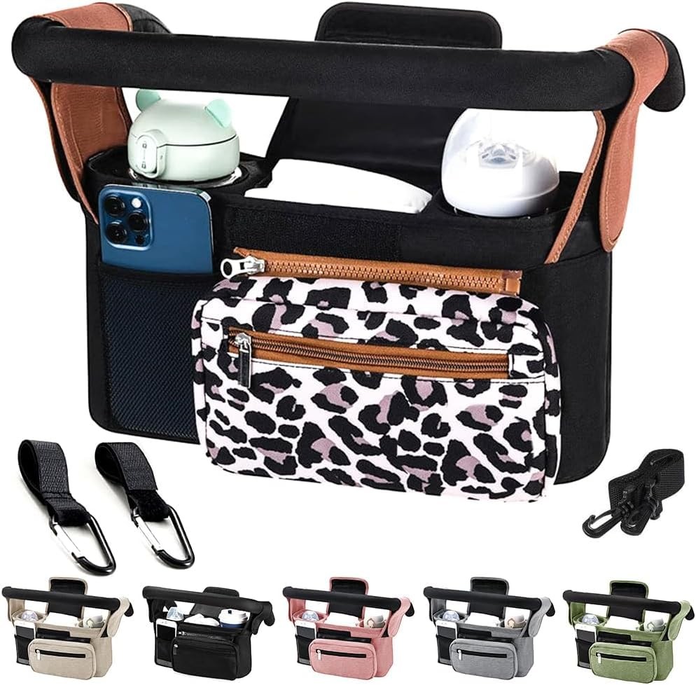 Universal Baby Stroller Organizer Detachable Phone Bag 2 Cup Holder Leopard