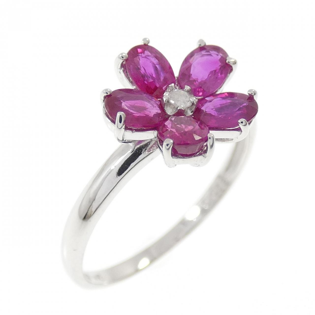 Authentic K18WG Flower Ruby Ring #260-007-681-2972