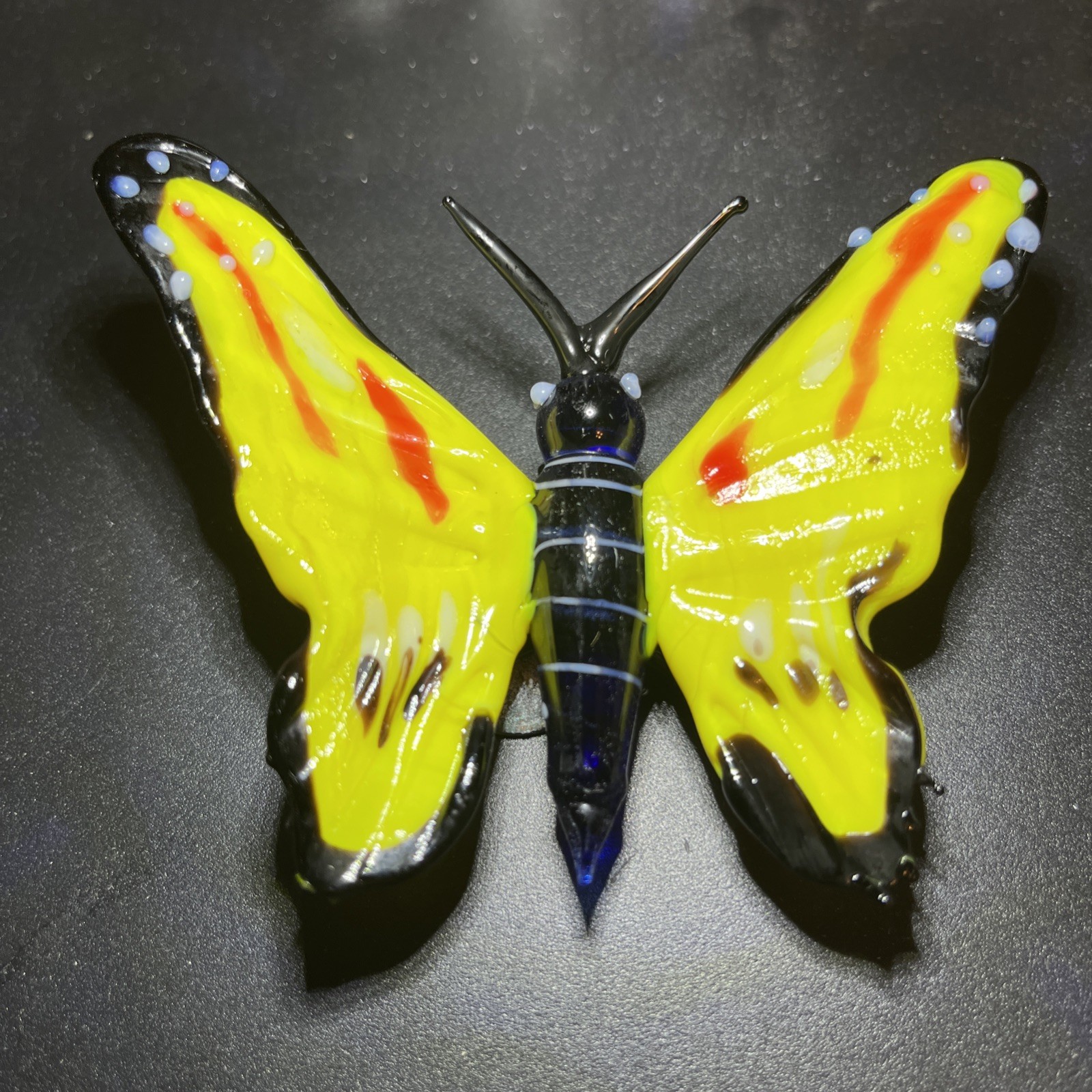 VINTAGE MURANO CRISTALLERIA GLASS BUTTERFLY MADE IN ITALY BLACK  AND YELLOW 4”