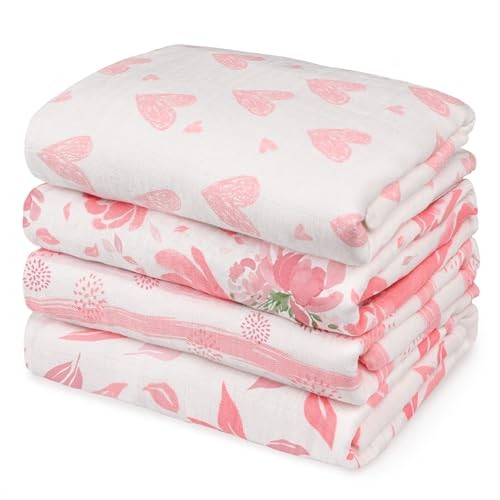  Muslin Swaddle Blankets 4-Pack Breathable Receiving Blankets 4 Pack Flower