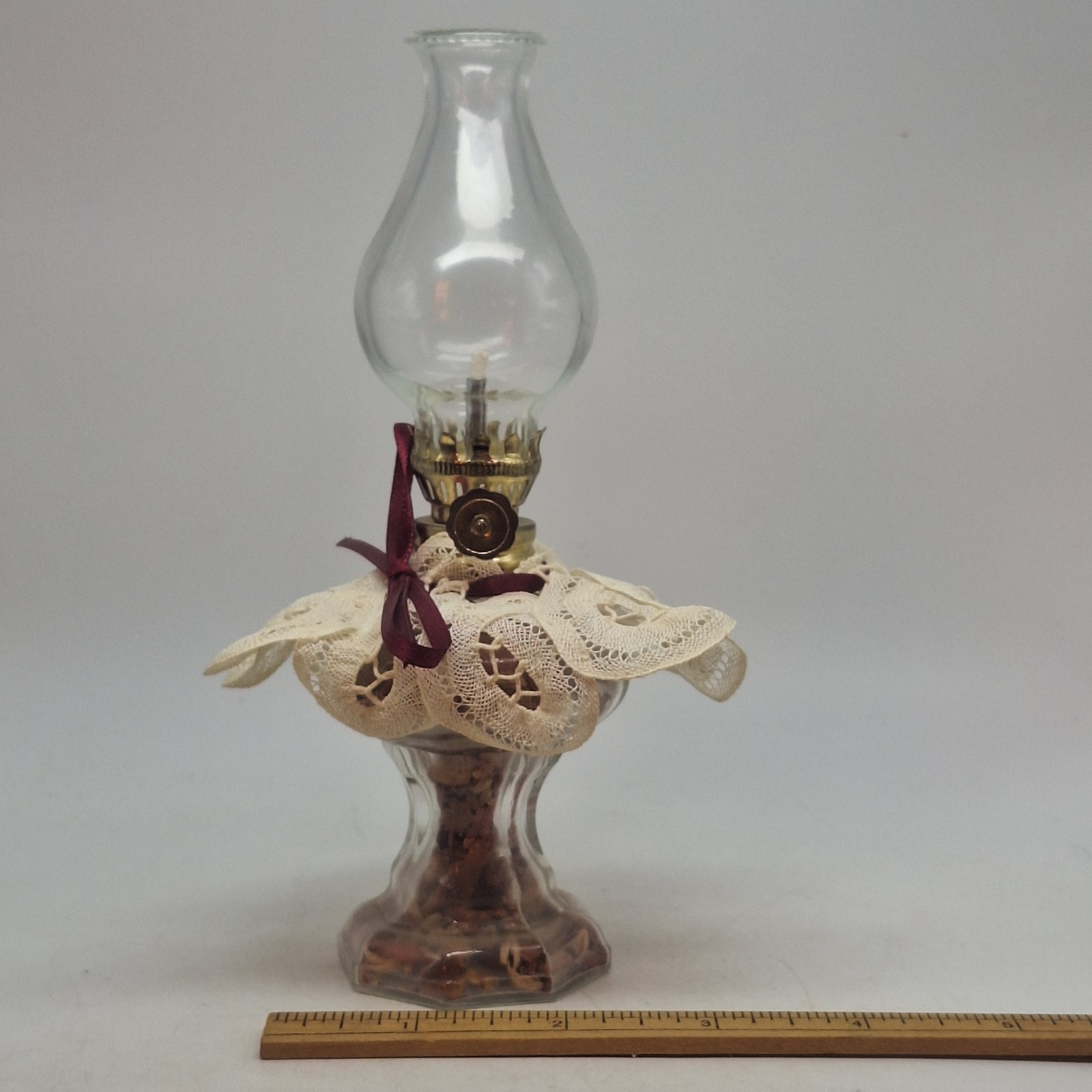 VINTAGE CRISA MINIATURE CLEAR GLASS OIL LAMP DOILY  6 3/4" TALL 