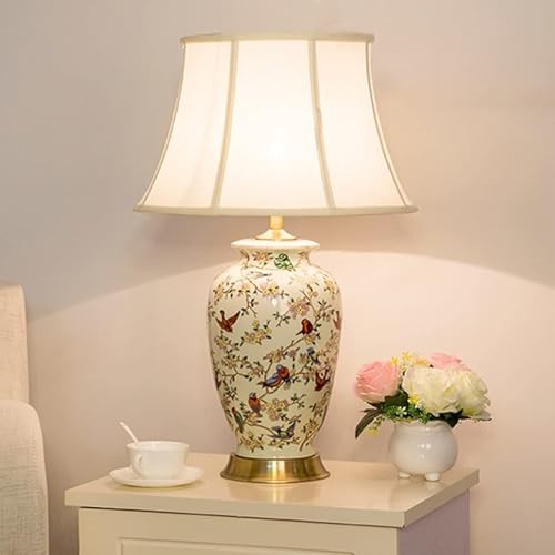 White 27" Flower and Bird Ceramics Table Lamp Chinoiserie Desk Lamp,Fabric 