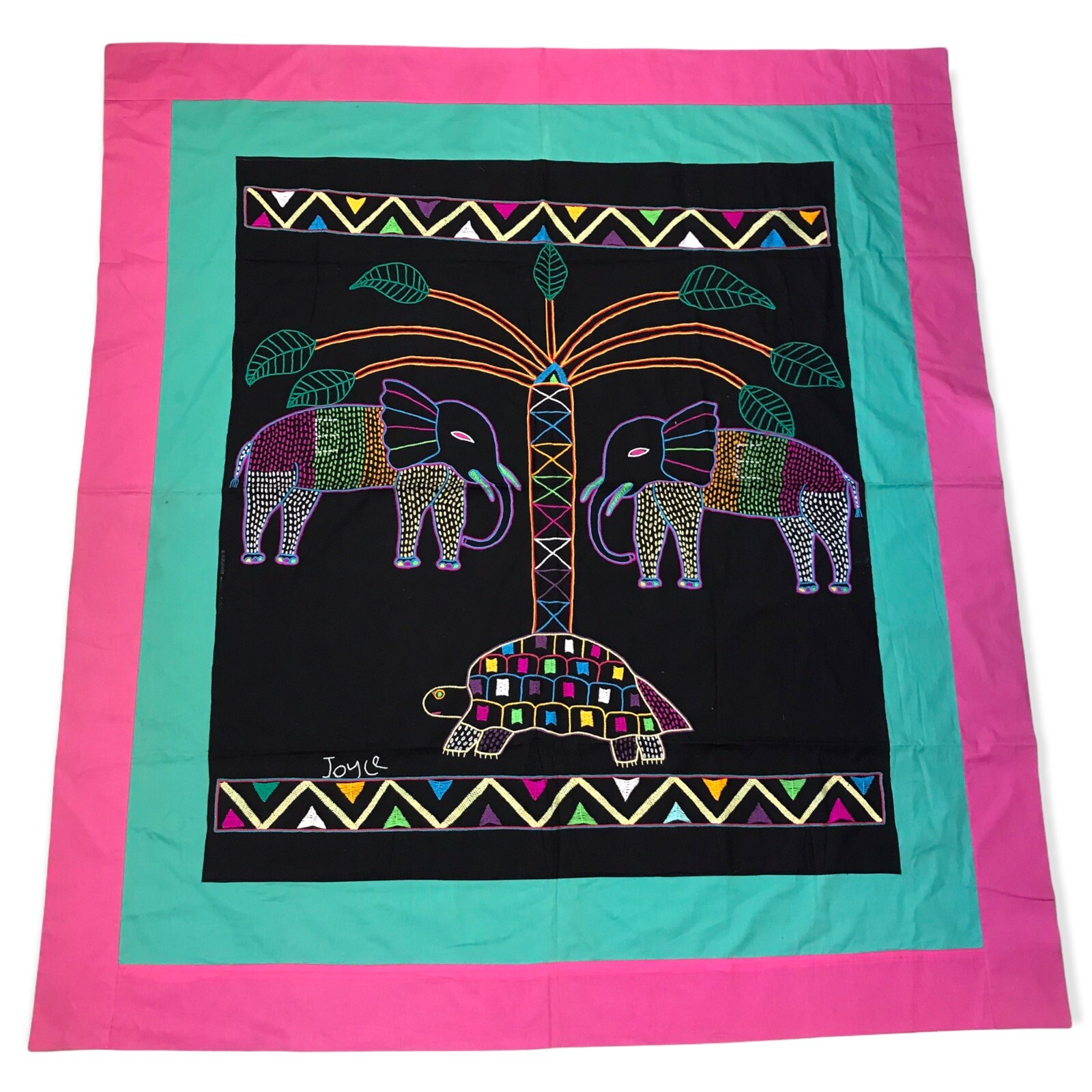 Ethnographic Textile Fabric Wall Hanging Handmade Joyce Elephants Turtle 66 x 72