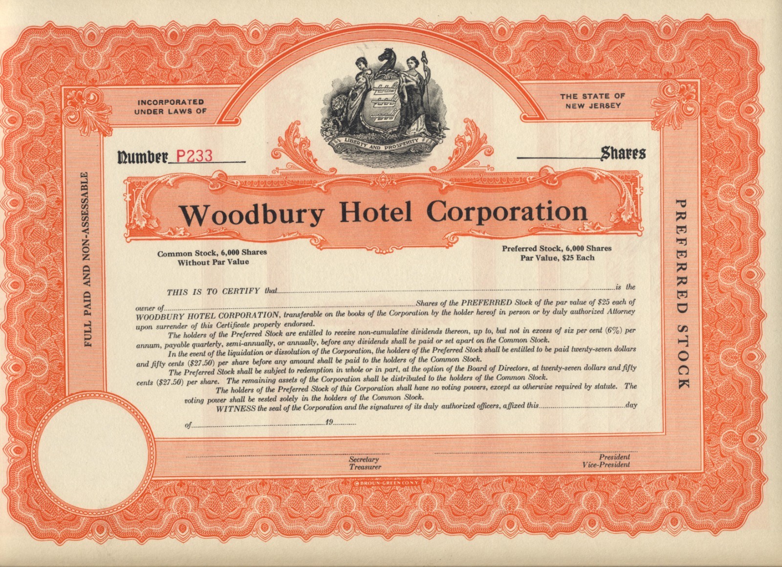Woodbury Hotel Corperation Stock Certificate Specimen Un-issued