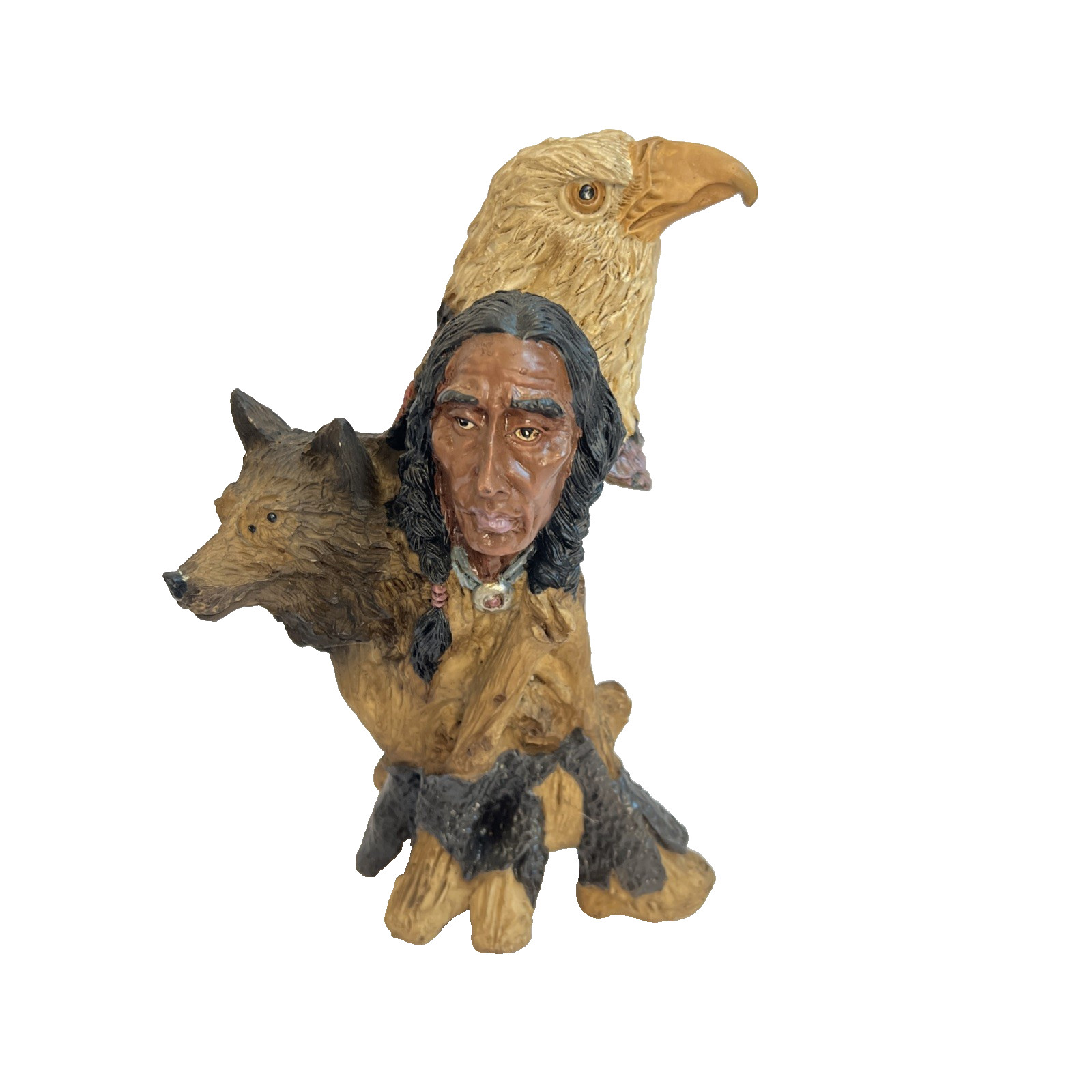 Indian Tribal Statue Man Wolf Eagle Resin Vintage