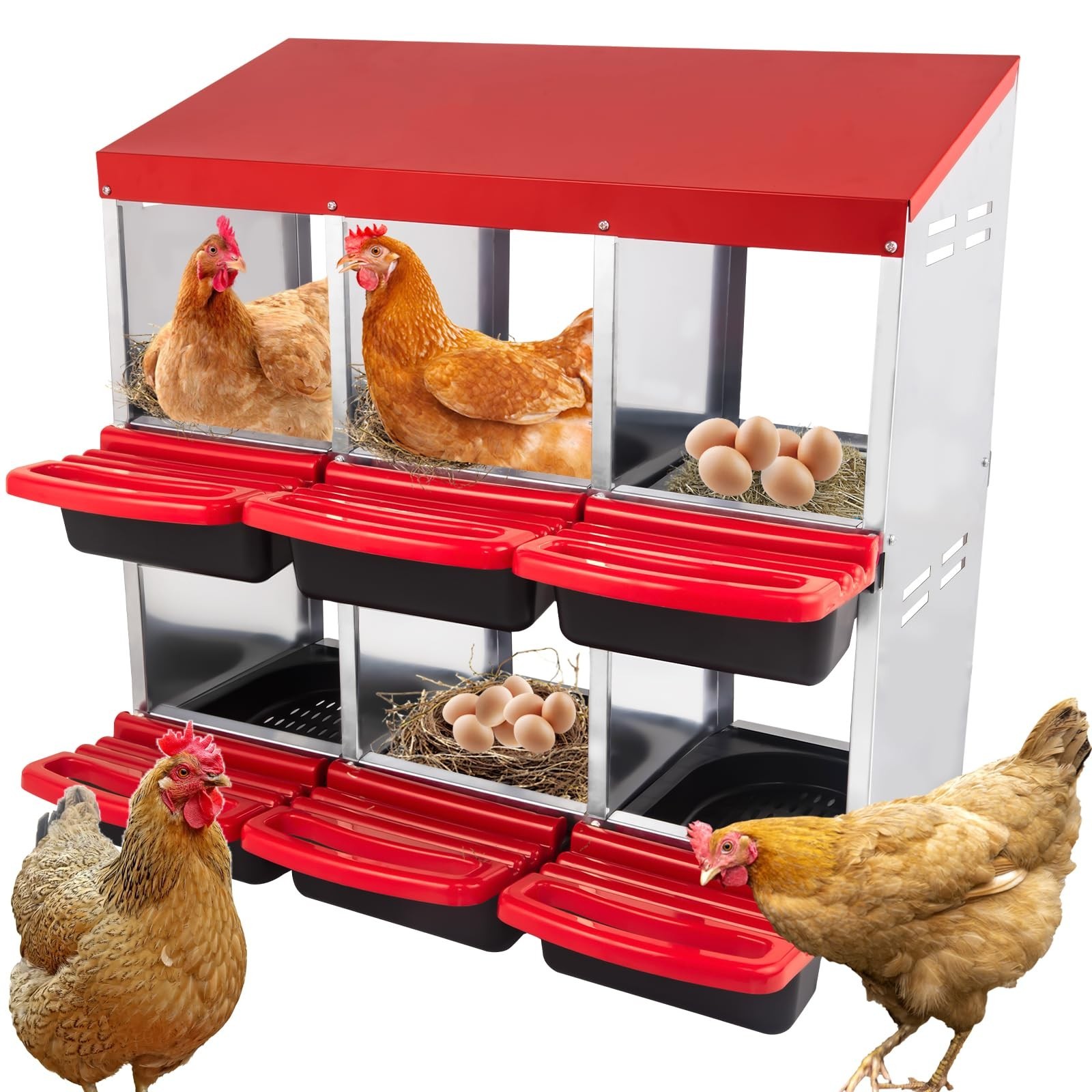 6 Hole Chicken Nesting Box - Heavy Duty Red Metal Roll Away Egg Laying Box fo...