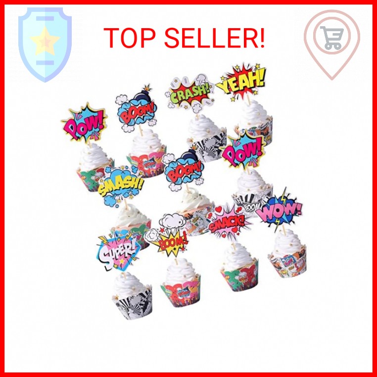 36 PCS Superheros Cupcake Toppers and Wrappers Boom Pow Hero Cupcake Picks for C