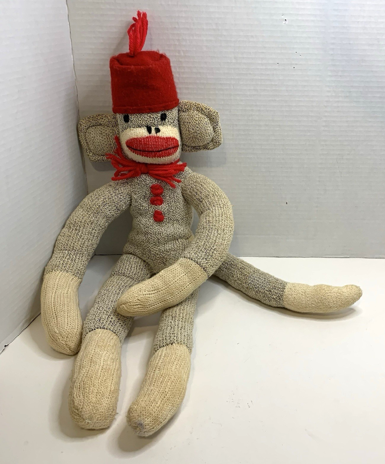 Vintage Handmade Rockford Red Heel Sock Monkey Drawn Face Plush Doll Collectible