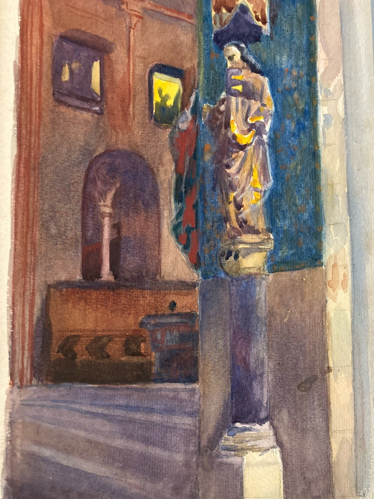 Beautiful Drawing 1930 Painting Paper Watercolour Interior Eglise Cathedral