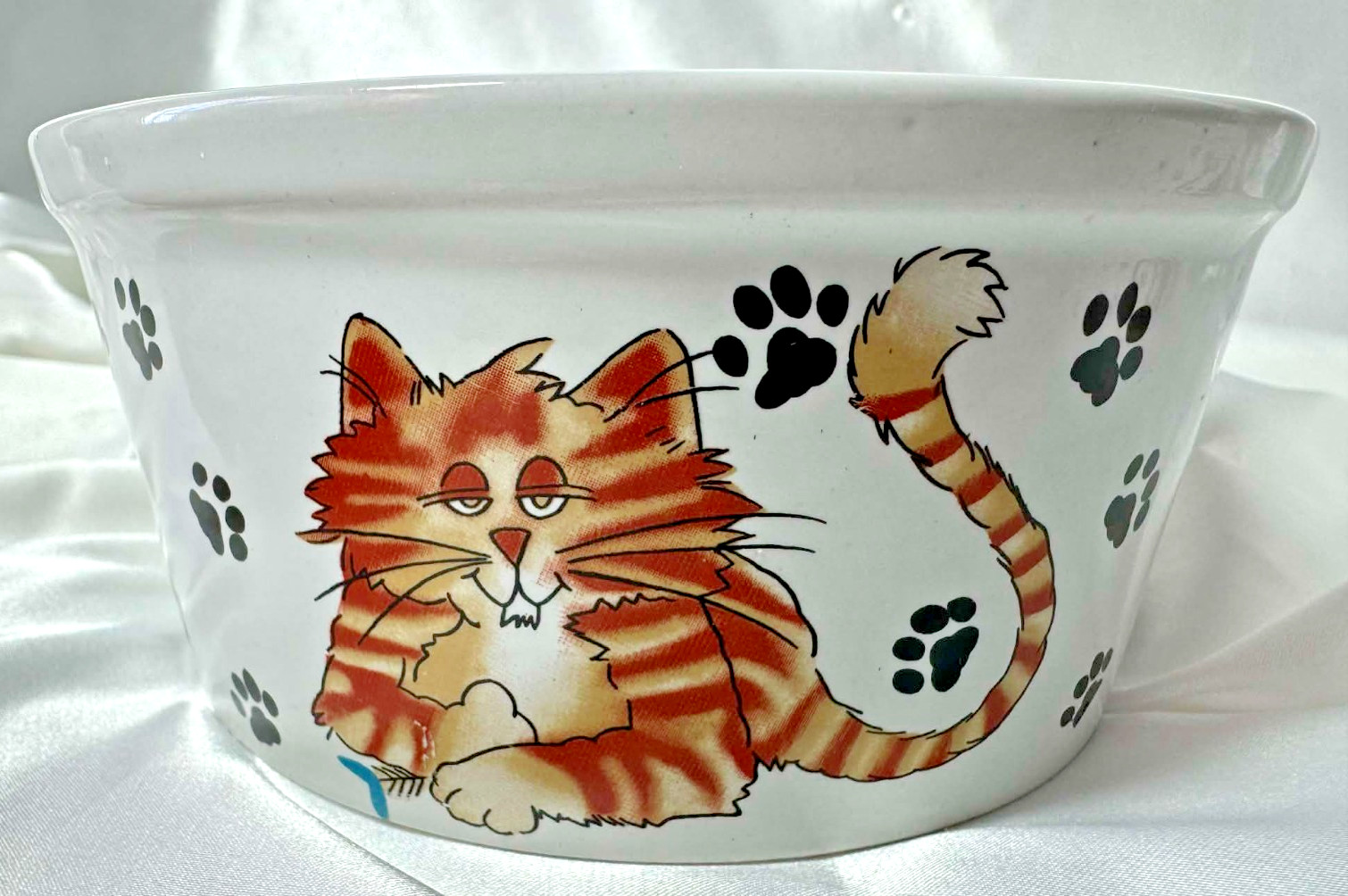 Ceramic Cat Bowl Food Water Fish Bones Orange Cat Paw Prints 6"W X 3"D Large WCL