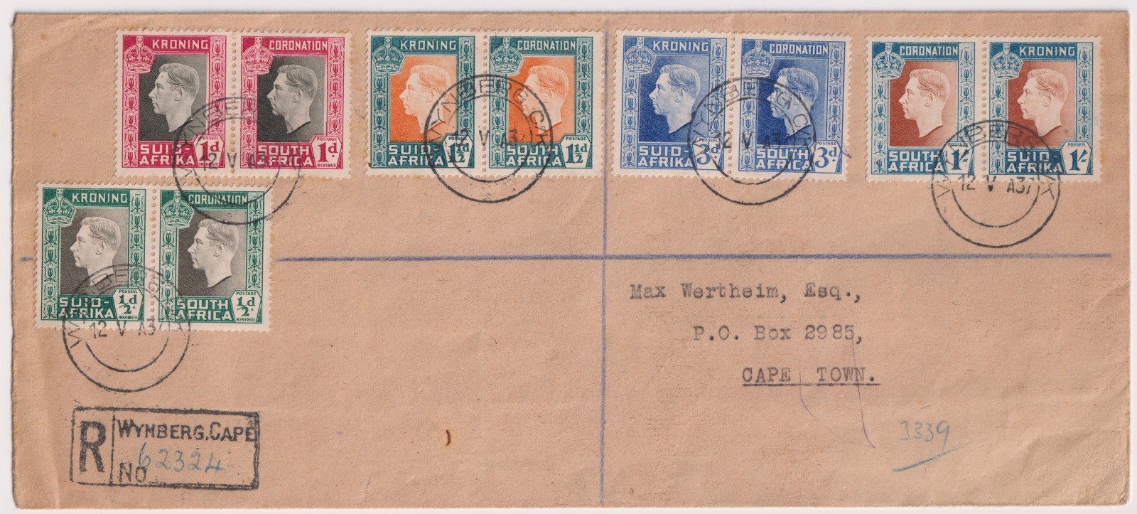 1937 South Africa Coronation Registered Cover KGVI Full Set Wynberg To Cape Town