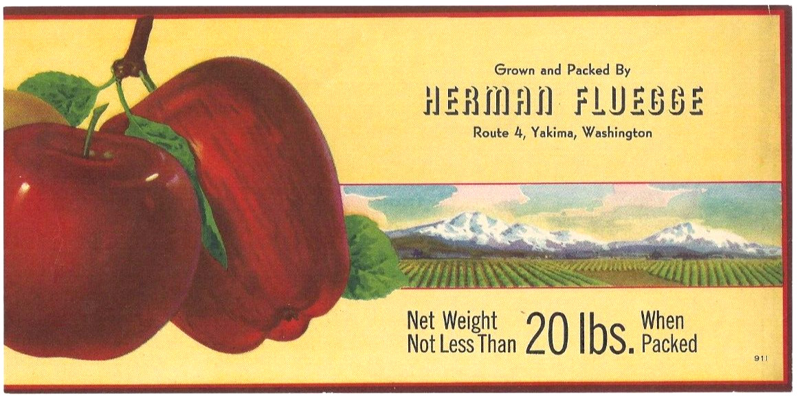Original HERMAN FLUEGGE half box apple crate label Yakima Washington