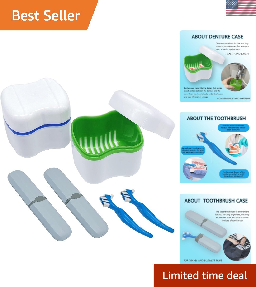 Denture Cup Kit, 2 Denture Case with 2 Denture Toothbrush & 2 Portable Toothb...