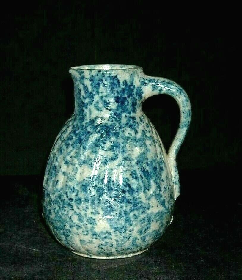 5 1/2" Blue & White Spongeware Syrup Pitcher Weeks Pottery Akron, Ohio Stoneware
