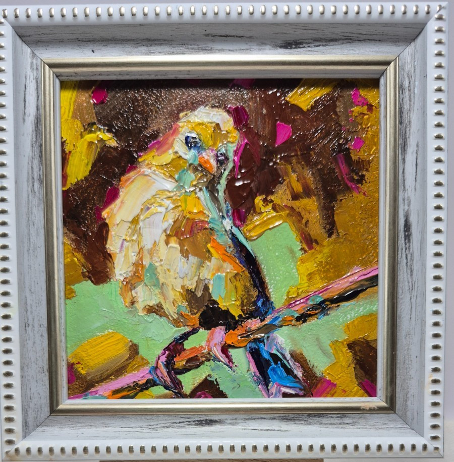 Original autographed oil painting in a frame. Bird. Impressionism. 4x4 inches