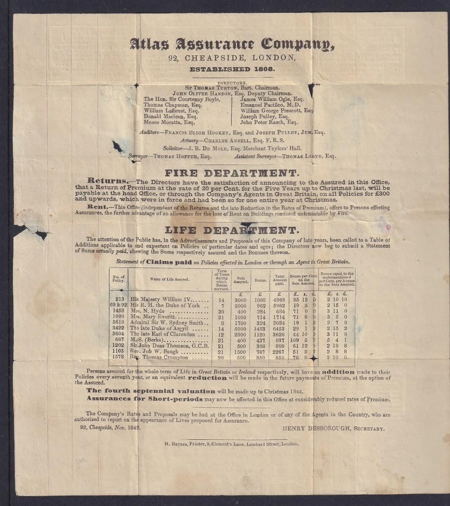 Mulready Lettersheet. 1843, Advertising Atlas Assurance, Black MX. Nov 1842 etc