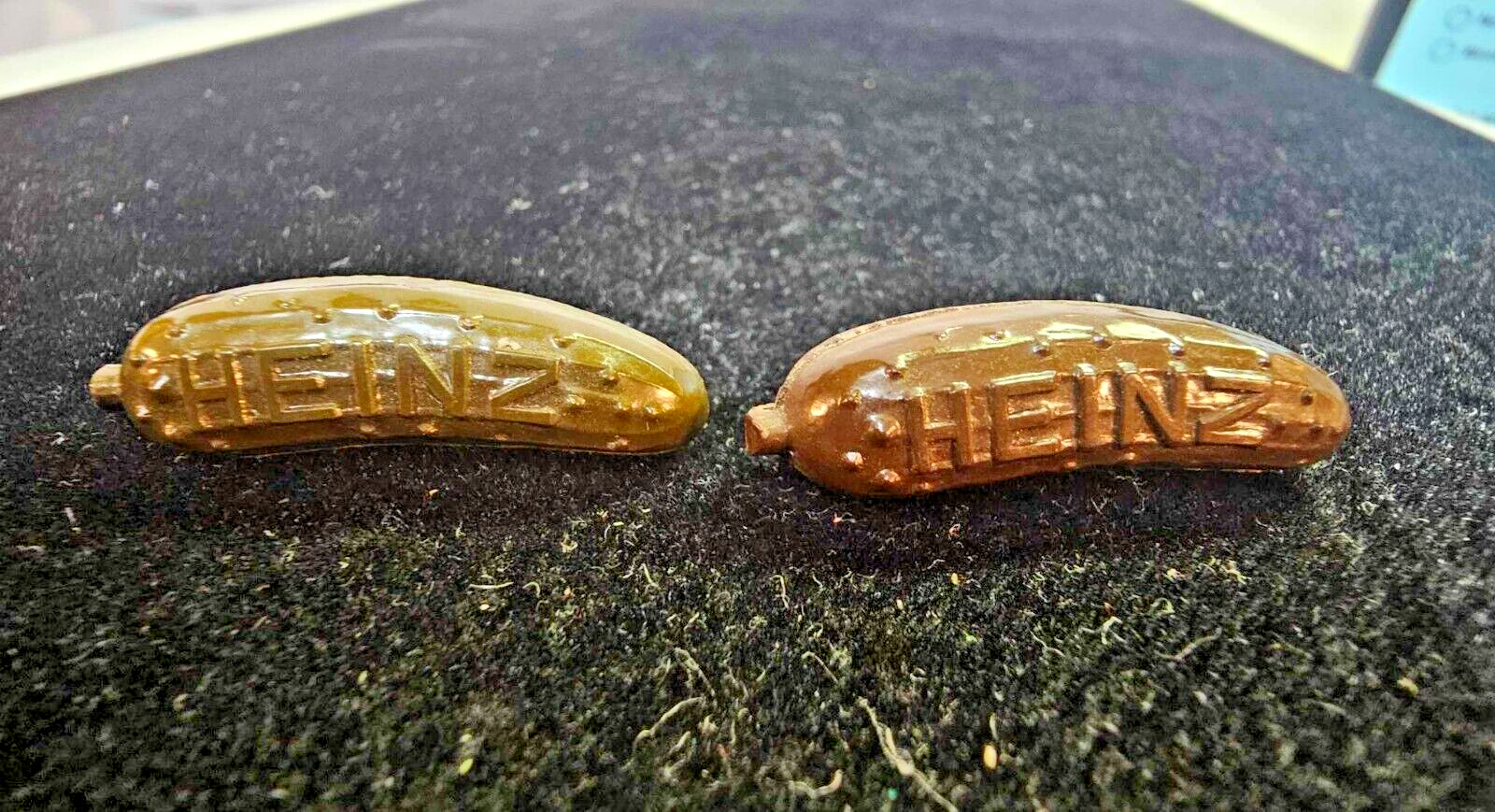 2- vtg Heinz Pickle Advertising Plastic Vest hat cap Brooch Pin world's fair-B32