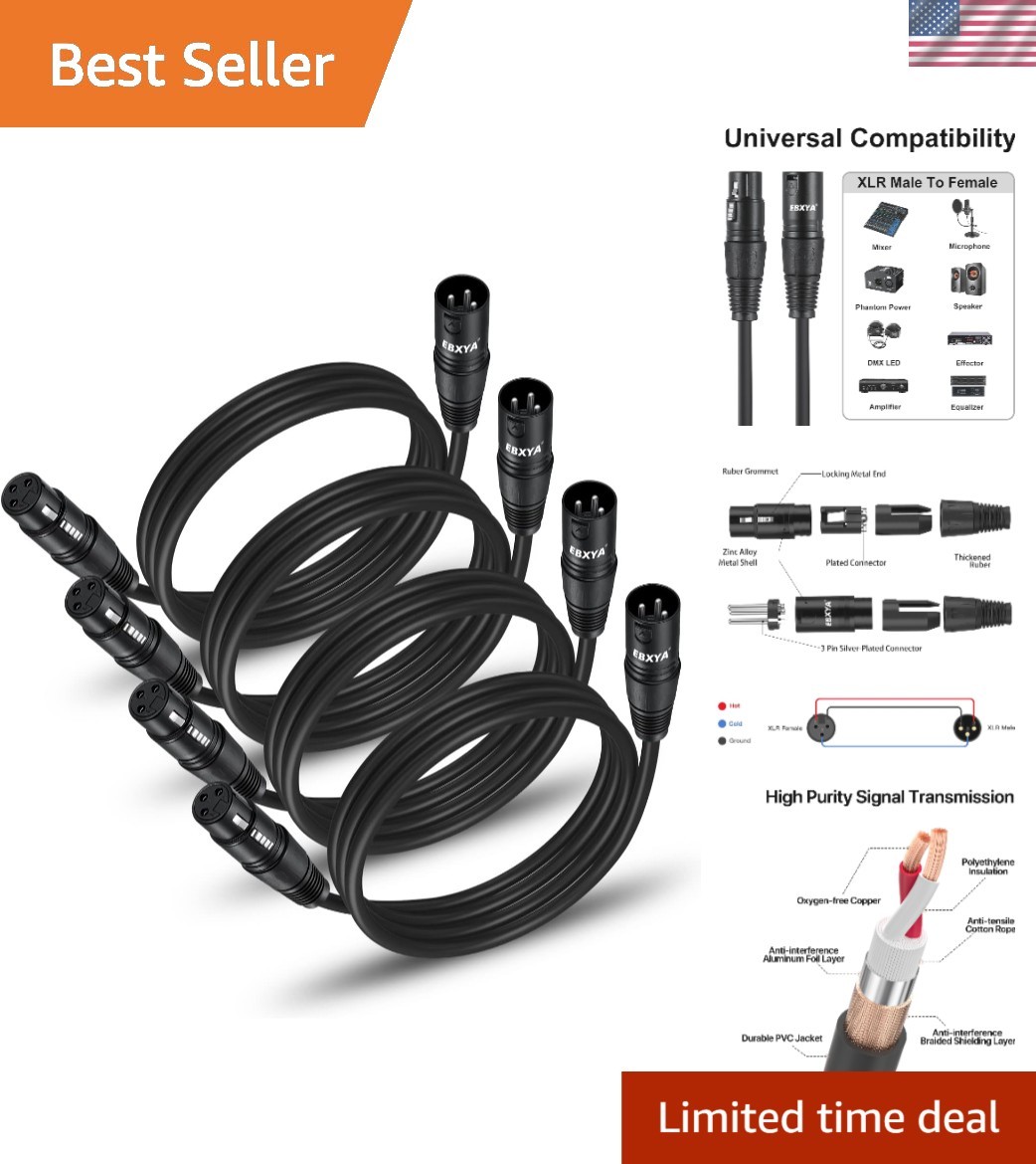 3 Pin XLR Cables 3 Ft Length - High Quality & Versatile 4 Pack for Musicians