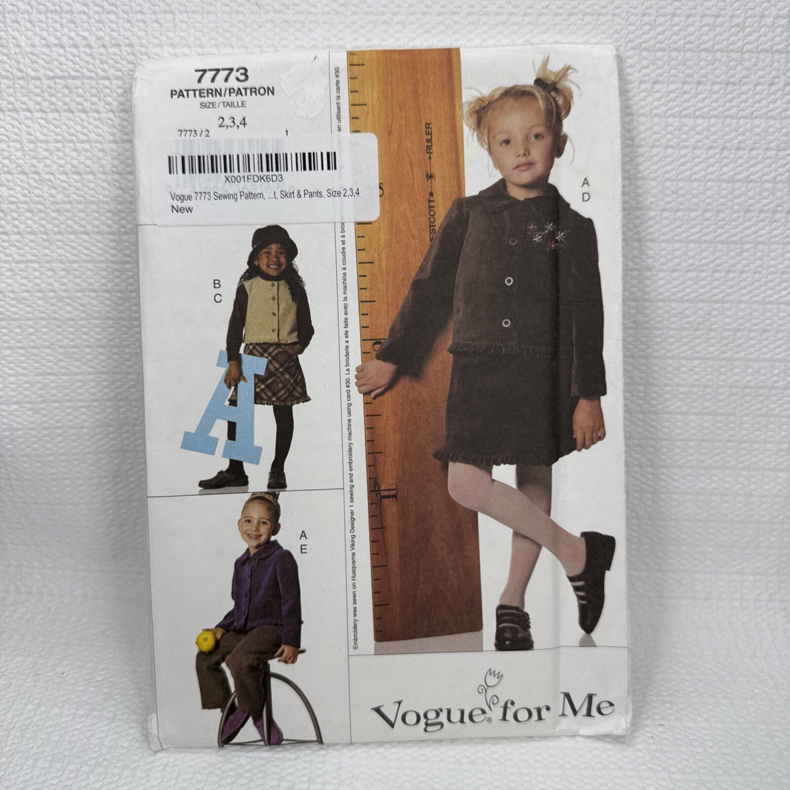 Vogue 7773 Girls Jacket Vest Skirt Pants Pattern 2-4 *Uncut